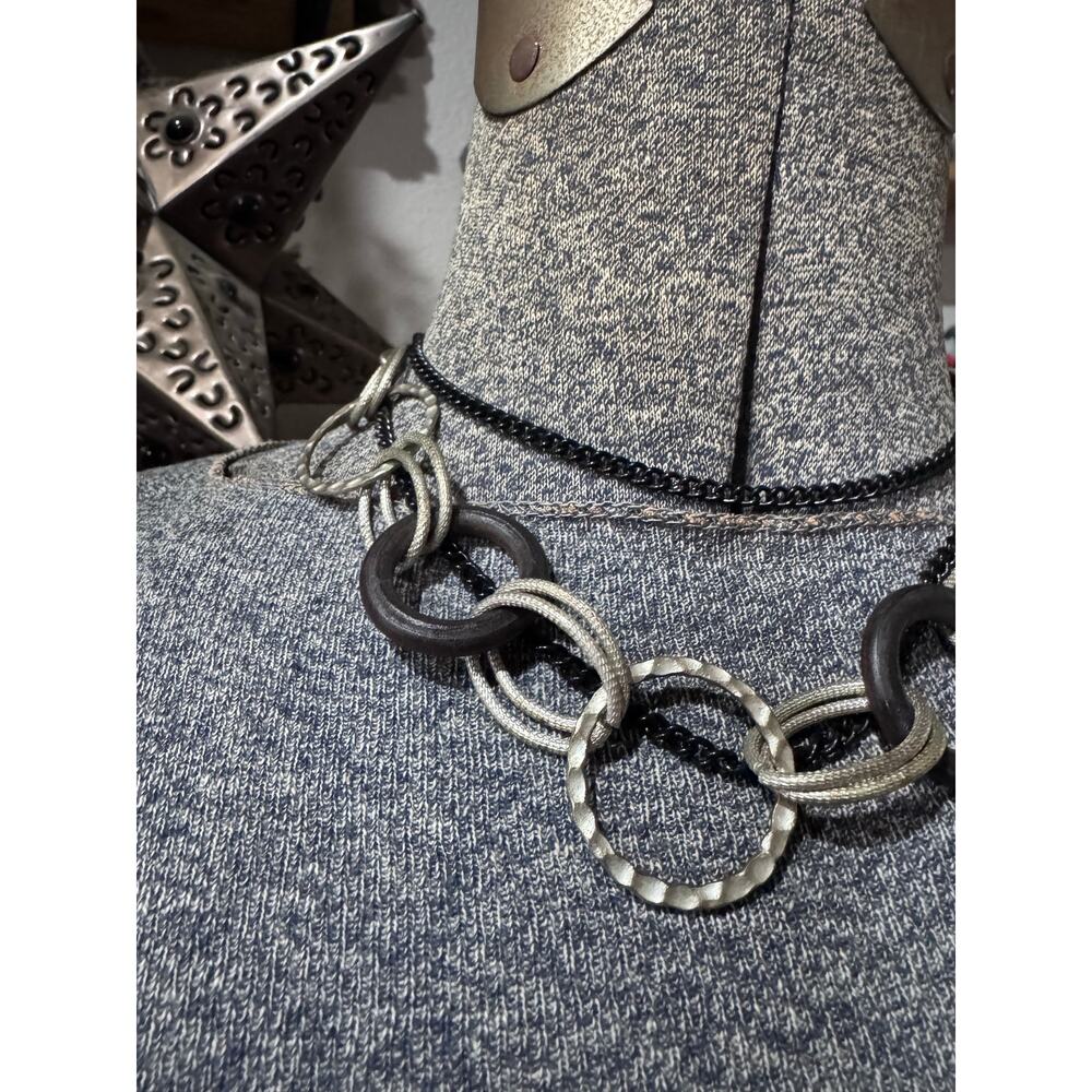 Modern Mixed Metal & Wood Statement Necklace | Black Chain + Textured Rings